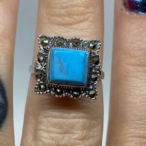 💛 925 Vintage Turquoise & Marcasite Ring